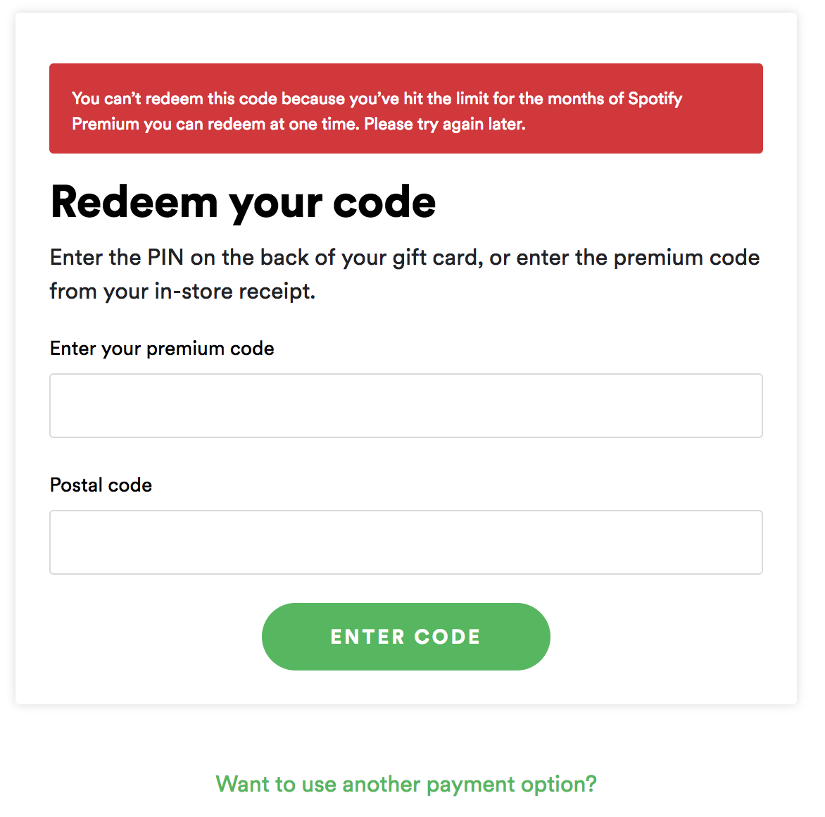 Redeemed One Gift Card Now I Cannot Redeem Anothe The Spotify Community